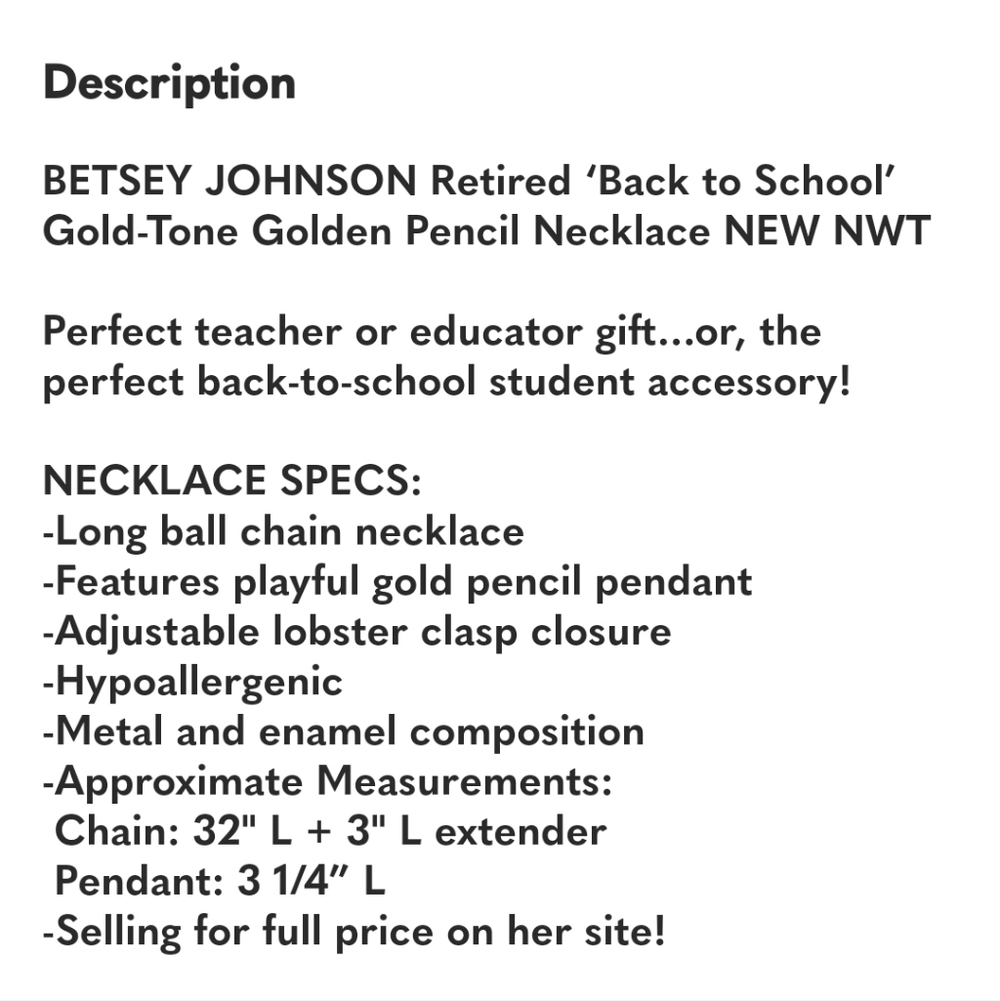 NWT BETSEY JOHNSON RETIRED/NECKLACE WITH GOLD PENCIL/ Great Gift Idea! - Picture 4 of 5